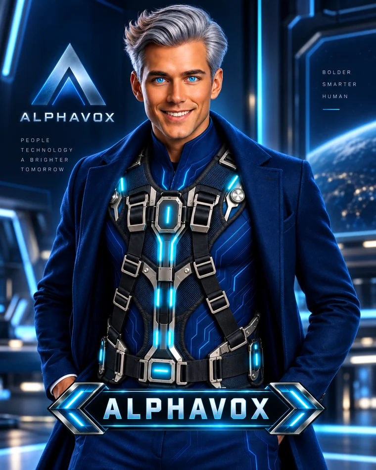 AlphaVox wearing the harness. Bolder, smarter, human. People, technology, a brighter tomorrow.