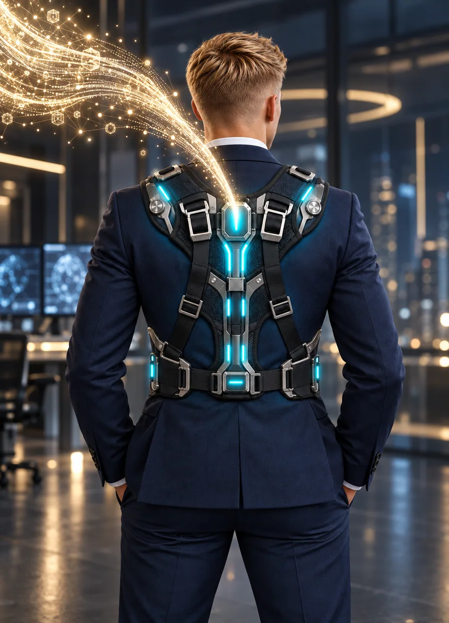 The harness seen from behind, worn over a suit, with light streaming away from the shoulder.