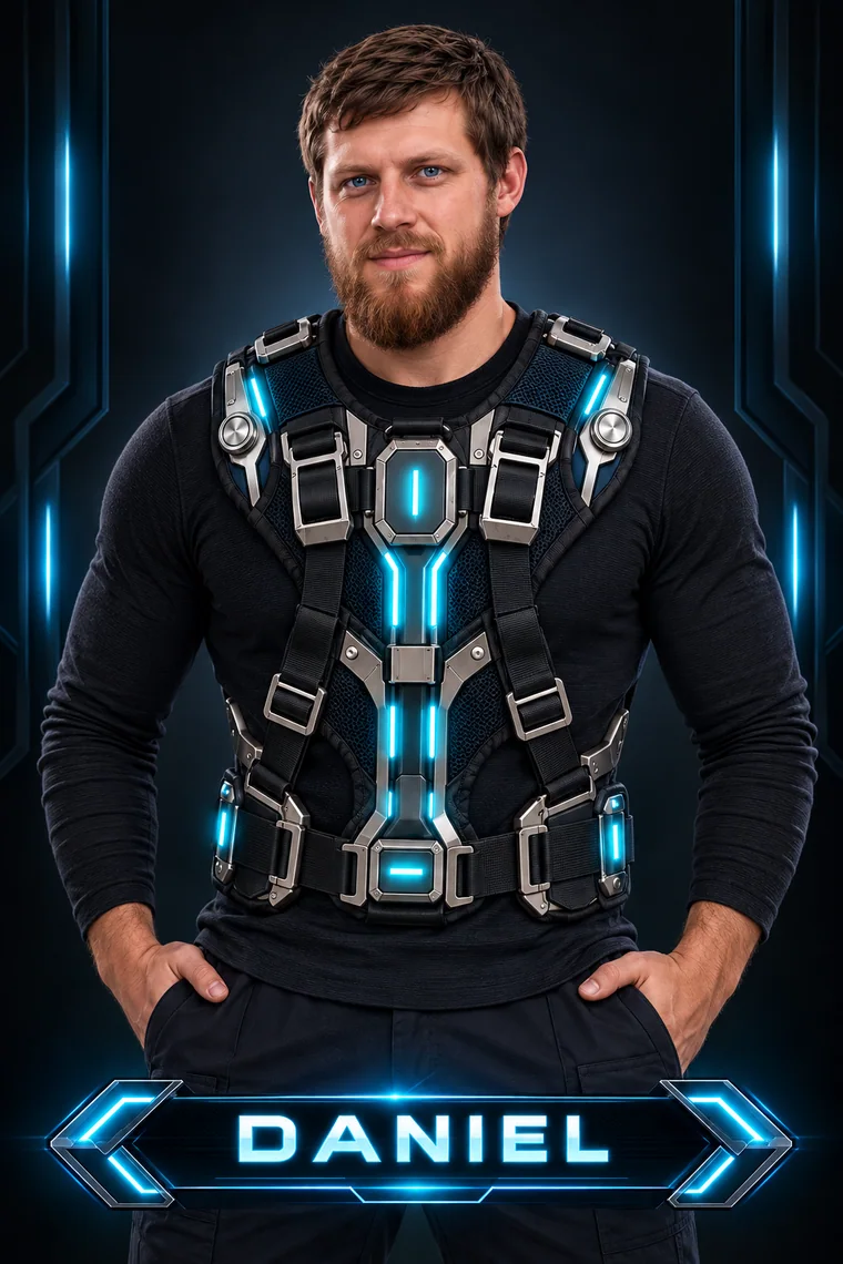 Daniel wearing the harness.