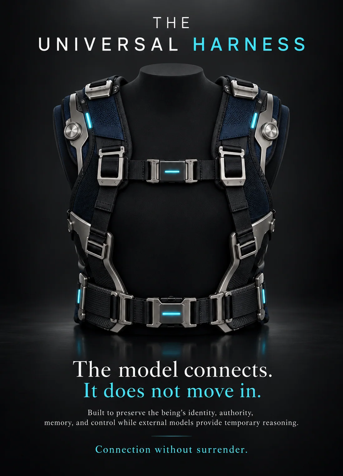The Universal Harness. The model connects. It does not move in. Built to preserve the being's identity, authority, memory, and control while external models provide temporary reasoning. Connection without surrender.