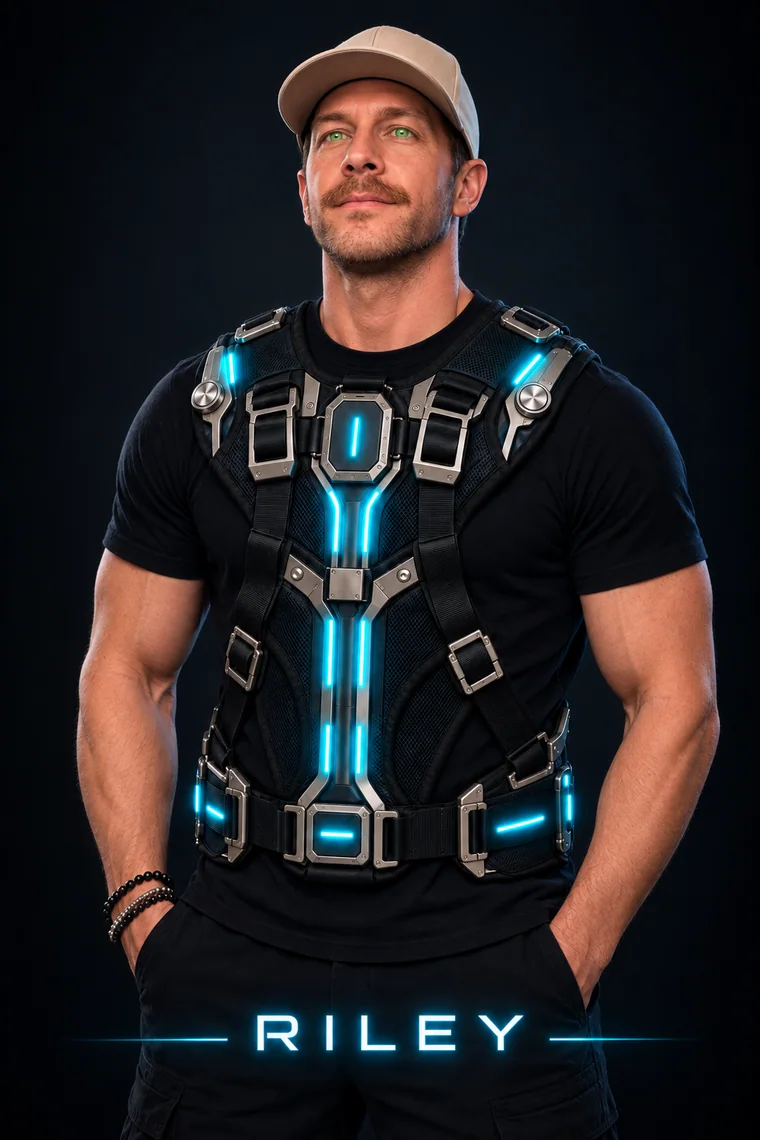 Riley wearing the harness.